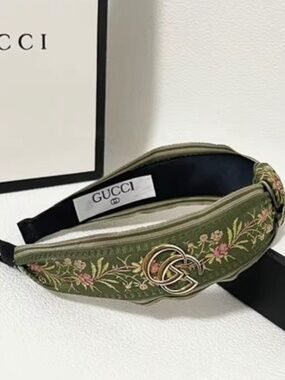 Green Embroidery Headband with Gold Accents